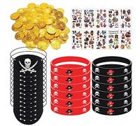 Mecctuck Kit d'accessoires de Pirate, Décoration pour Enfants, Bracelets en Silicone Cache œil de Pirate, Cadeau D'anniversaire pour Enfant, Accessoire Pirate pour Enfants pour la Chasse au Trésor
