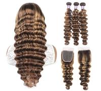 Mèches de cheveux humains ondulés lâches avec fermeture 4x4, fermeture en dentelle avec mèches brésiliennes Remy Honey Blonde Quick Weave(24 24 24 with 18)