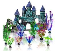 Mechpia Kit de 13 décorations pour Aquarium - Petit château en résine et rocaille Betta - Cachette de Corail - Plantes artificielles en Plastique