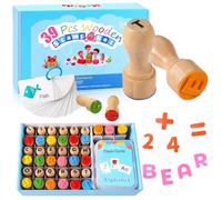 MeCids Tampon en bois pour enfants - Jouet éducatif pour pâte à modeler avec 26 lettres, chiffres de 0 à 9, cartes mémoire, orthographe ABC et apprentissage des mathématiques pour tout-petits