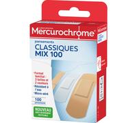 Mecurochrome Pansements classiques - Résistant à l'eau - 3 tailles et 2 couleurs - Coffret multi-usages Mix - Boîte de 100