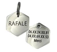 Médaille Chien Personnalisée Hexagone en Acier Inoxydable - Plaque d'Identification Gravée Nom et Téléphone - 25 mm ou 30 mm - Argent, Or ou Or Rose - Made in France (Argent, 30mm)