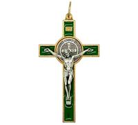 Médaille de Saint Benoît Crucifix | Saint patron des étudiants et de l'Europe | Avec étui et cordon | Excellent cadeau catholique pour première communion et confirmation (vert)