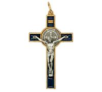 Médaille de Saint Benoît Crucifix | Saint patron des étudiants et de l'Europe | Avec étui et cordon | Excellent cadeau catholique pour première communion et confirmation (bleu)