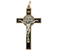 Médaille de Saint Benoît Crucifix | Saint patron des étudiants et de l'Europe | Avec étui et cordon | Excellent cadeau catholique pour première communion et confirmation (noir)
