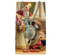 Médaille de Saint Nicolas en étain sur une chaîne en acier inoxydable avec carte sacrée - Coffret cadeau de Père Noël