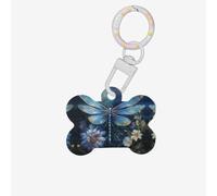 Médaille d'identification artistique en forme d'os en forme de libellule bleue en acrylique avec anneau pour chien et chat