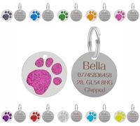 Médaille d'identification gravée personnalisée pour chiens et chats - Personnalisable avec le texte de votre choix sur une plaque ronde à paillettes en acier inoxydable - Tailles et couleurs au choix