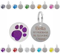 Médaille d'identification gravée personnalisée pour chiens et chats - Personnalisable avec le texte de votre choix sur une plaque ronde en acier inoxydable à paillettes - Tailles et couleurs au choix