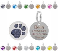 Médaille d'identification gravée personnalisée pour chiens et chats - Personnalisable avec le texte de votre choix sur une plaque ronde à empreinte de patte pailletée en acier inoxydable - Tailles et