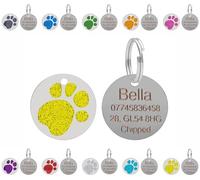 Médaille d'identification gravée personnalisée pour chiens et chats - Personnalisable avec le texte de votre choix sur une plaque ronde à empreinte de patte pailletée en acier inoxydable - Taille et