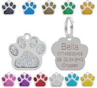 Médaille gravée personnalisée pour animaux de compagnie | Médaille d'identification en acier inoxydable à paillettes en forme d'empreinte de patte vive pour chien et chat | Anti-perte pour chiot