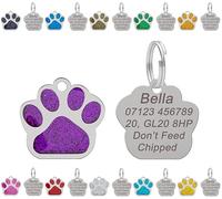Médaille gravée personnalisée pour chien | Chat | Médaille d'identification pour animaux de compagnie | Acier inoxydable à paillettes motif empreinte de patte 27 mm (violet)
