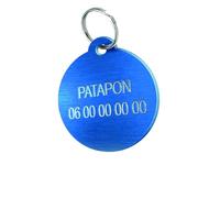 Médaille Gravée pour Chien et Chat - Médaillon d’Identification Personnalisé 2 Lignes En Aluminium Anodisé - Gravure Recto Verso avec Nom & Numéro (Petit Rond-27 mm, Bleu)