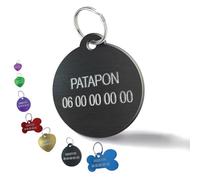 Médaille Gravée pour Chien et Chat - Médaillon d’Identification Personnalisé 2 Lignes En Aluminium Anodisé - Gravure Recto Verso avec Nom & Numéro (Petit Rond-27 mm, Noir)