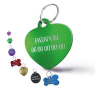 Médaille Gravée pour Chien et Chat - Médaillon d’Identification Personnalisé 2 Lignes En Aluminium Anodisé - Gravure Recto Verso avec Nom & Numéro (Petit Coeur-25 mm, Vert)
