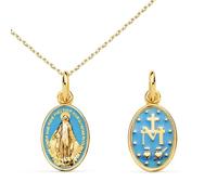 Médaille - L'ATELIER D'AZUR - Vierge Miraculeuse - Or Jaune 18 Carats - Email Bleu - Chaîne Dorée Ajustable