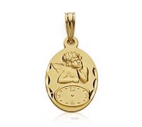 Médaille pendentif 18k montre en or Ange Chérubin 19mm. naissance de bébé heure ovale détails sculptés