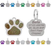 Médaille personnalisée gravée pour chien | Étiquette pour chat | Étiquette d'identification pour animaux de compagnie | Étiquettes de nom en acier inoxydable avec motif de patte scintillante 27 mm