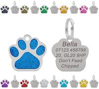 Médaille personnalisée gravée pour chien | Étiquette pour chat | Étiquette d'identification pour animaux de compagnie | Étiquettes de nom en acier inoxydable avec motif de patte pailletée 27 mm (Bleu)