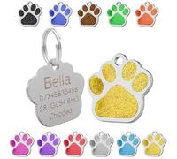 Médaille personnalisée gravée pour chien | Étiquette pour chat | Étiquette d'identification pour animaux de compagnie | Étiquettes de nom en acier inoxydable avec motif de patte pailletée de 27 mm