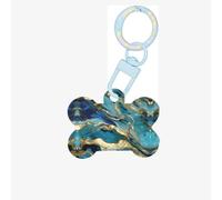 Médaille pour chien azurite bleu sarcelle et feuille d'or avec motif marbré à l'huile en forme d'os double face en forme d'os