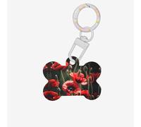 Médaille pour chien en forme d'os double face avec imprimé coquelicot rouge