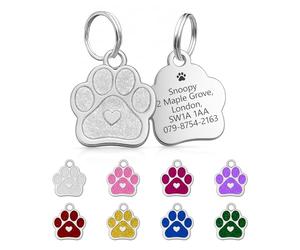 Médaille pour chien gravée avec n'importe quel nom et texte - En acier inoxydable - Gravure profonde pour chiens de compagnie, empreinte de patte avec un cœur (argenté)