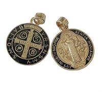Médaille Saint Benoît 15mm Noir/Or - Pendentif Rond Laiton Plaqué Or Résine Oeillet 2mm - Idée Cadeau Religieux Unisexe