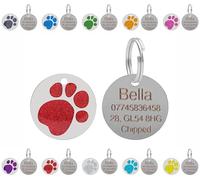 Médailles d'identification gravées personnalisées pour chiens et chats - Personnalisables avec le texte de votre choix sur une médaille ronde en acier inoxydable à motif empreinte de patte pailletée