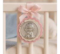 Médaillon Capoculla Ange en argent parfait comme idée cadeau de naissance ou cadeau baptême à accrocher au berceau, à la poussette ou dans la chambre du nouveau-né avec nom personnalisé (Rose)