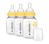 Medela Lot de 3 biberons d'alimentation et de stockage à débit lent de 140 ml avec tétine, couvercles, colliers à base large et bouchons de voyage, fabriqués sans BPA