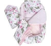 Medi Partners 5 éléments Cocon de Bébé 100x60x15cm 100% Coton Baby Nest Reducteur de lit Bébés Oreiller Couverture Insert Amovible (Fleurs avec Minky Rose)