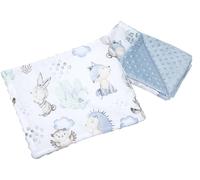 Medi Partners Couverture bébé avec Oreiller 100% Coton Minky Couverture Enfant 55x75 + 35x30cm Multifonctionnel pour Poussette siège bébé Berceau (Cerf et hérisson avec Minky Bleu Clair)