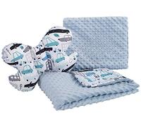 Medi Partners Couverture bébé Ensemble Couverture Rampante 3en1 100% Coton Minky 55x75 + Coussin Plat 35x30cm et Oreiller Anti-Choc Butterfly (Voitures avec Minky Bleu Clair)
