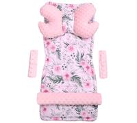Medi Partners Coussin universel pour le siège et la poussette 5 pièces insert de poussette superposition pour ceintures + pour le serre-tête Minky Coton (Fleurs avec rose clair Minky)