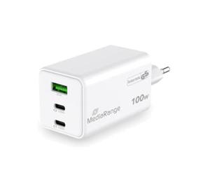MediaRange MRMA123 Chargeur Secteur 100W GaN 2x USB-C (Power Delivery 3.0, PPS) + 1x USB-A (Quick Charge 3.0) pour Ordinateur Portable/Smartphone/Tablette
