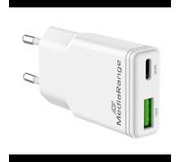 MediaRange MRMA125 chargeur universel secteur 100-240V 1x USB-C charge rapide protection surtension surcharge court-circuit surchauffe blanc