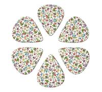 Médiators professionnels en forme de champignon coloré, lot de 6 médiators en celluloïd pour toutes guitares et mandolines, disponibles en versions légère, moyenne et forte.