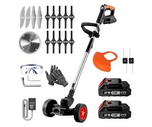 Mediawave Store - Débroussailleuse avec roues sans fil avec 2 batteries 21 V, coupe-bordures à batterie avec tige télescopique pliable, tondeuse avec roues amovibles et lame en métal