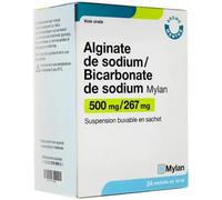Médicament > Médicament digestion et nausées > Médicaments maux d'estomac Alginate de Sodium/Bicarbonate de Sodium Mylan Viatris 500 mg/267 mg Sachets x 24 - Maux d'estomac - Pharmacie en ligne LaSant
