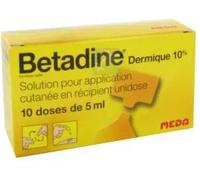 Bétadine - Dermique 10% Solution pour application cutanée en récipient unidose Voie plaies ou brûlures superficielles et peu étendues Unidoses Unidose 10x5ml Solution(S) 50 ml