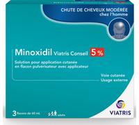 Médicament > Médicaments forme et vitalité > Médicaments chute des cheveux Minoxidil Mylan Viatris 5% 3 x 60 ml - Chute des cheveux - Pharmacie en ligne LaSante.net
