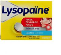 Médicament > Médicaments Maux de Gorge et Toux > Médicaments mal de gorge Lysopaïne Pastilles Ambroxol Menthe Sans Sucre 20 mg x 8
