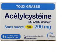 Médicament > Médicaments Maux de Gorge et Toux > Médicaments toux > Médicaments toux grasse Acétylcystéïne EG 200 mg Sans Sucre Sachets x 18 - Toux grasse - Pharmacie en ligne LaSante.net