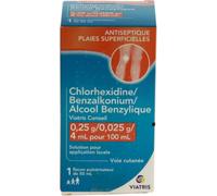 Médicament sans ordonnance > Médicaments de premiers soins > Médicament antiseptique Chlorhexidine/Benzalkonium/Alcool Benzylique Mylan Viatris Conseil 50 ml