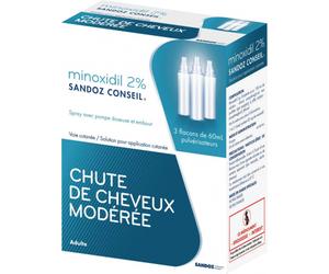 Médicament sans ordonnance > Médicaments forme et vitalité > Médicaments chute des cheveux > Minoxidil Sandoz Conseil Minoxidil 2% 3 x 60 ml - Minoxidil - Pharmacie en ligne LaSante.net