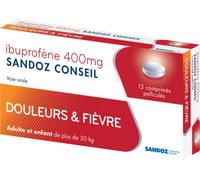 Médicaments sans ordonnance > Médicaments contre les douleurs et la fièvre > Médicaments anti-inflammatoires > Ibuprofène Sandoz Conseil Ibuprofène 400 mg x 15 - Ibuprofène - Pharmacie en ligne LaSant