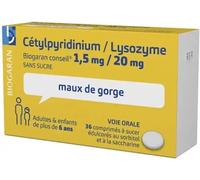 Médicaments sans ordonnance > Médicaments contre les maux de gorge et la toux > Médicaments contre le mal de gorge Cetylpyridinium / Lysozyme Biogaran Conseil 1,5 mg/30 mg Sans Sucre Comprimés 3 x 18