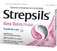 Médicaments sans ordonnance > Médicaments contre les maux de gorge et la toux > Médicaments contre le mal de gorge Strepsils Pastilles Fraise Sans Sucre x 24